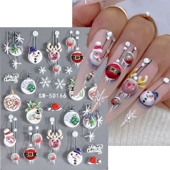 1 Sheet Christmas Nail Art Sticker Waterproof 3D Embossment Santa Claus Snowman Elk Snowflake Christmas Tree Ball Fake Nail Decoration Decal