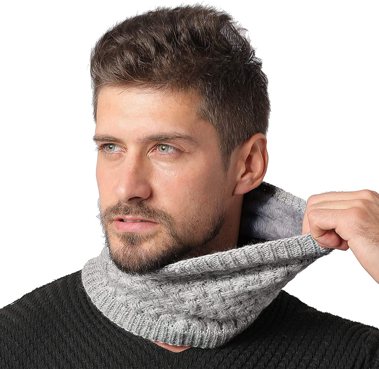 Lo Shokim Winter Double-Layer Fashion Fleece Lining Knit Neck Warmer Circle Scarf Windproof Blue Grey