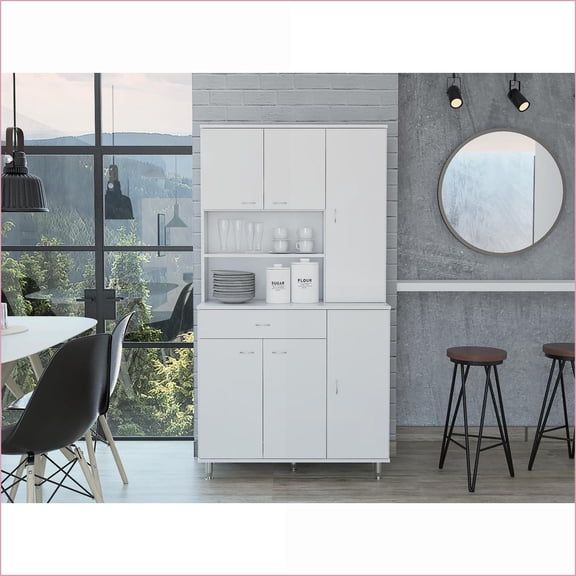 90” Kitchen Pantry Cabinet, White with 2 Open Shelves, 1 Drawer & Multiple Cabinets | Engineered Wood