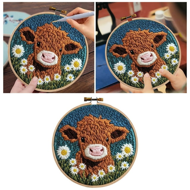 Complete DIY Punch Needle Embroidery Kit for Beginners Create a Cartoon Cow and Flower Design with Frame and