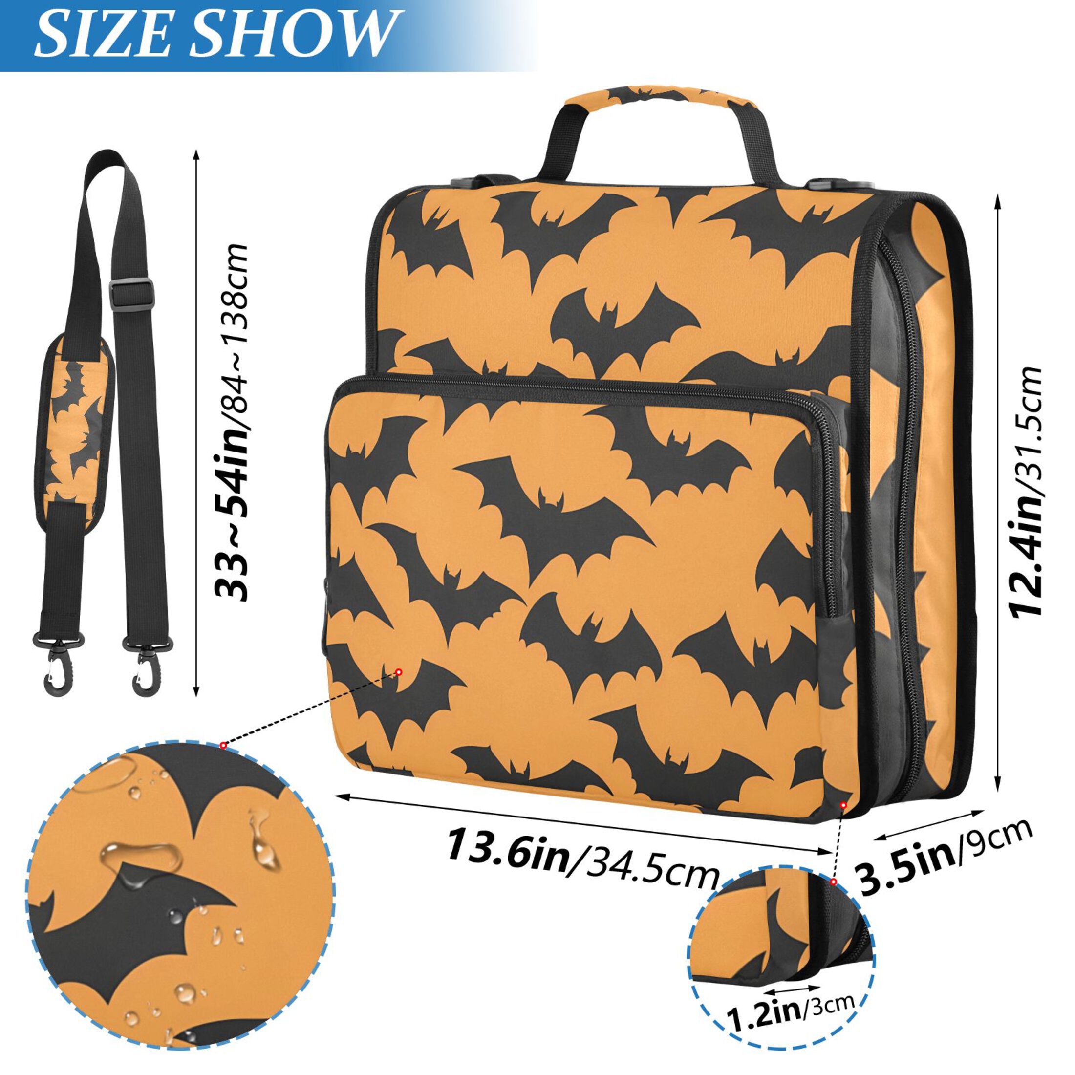 3 Ring Zipper Binder with Shoulder Strap Waterproof Trapper Keeper 2 Inch D-Ring 500 Sheets Capacity Bats on Orange