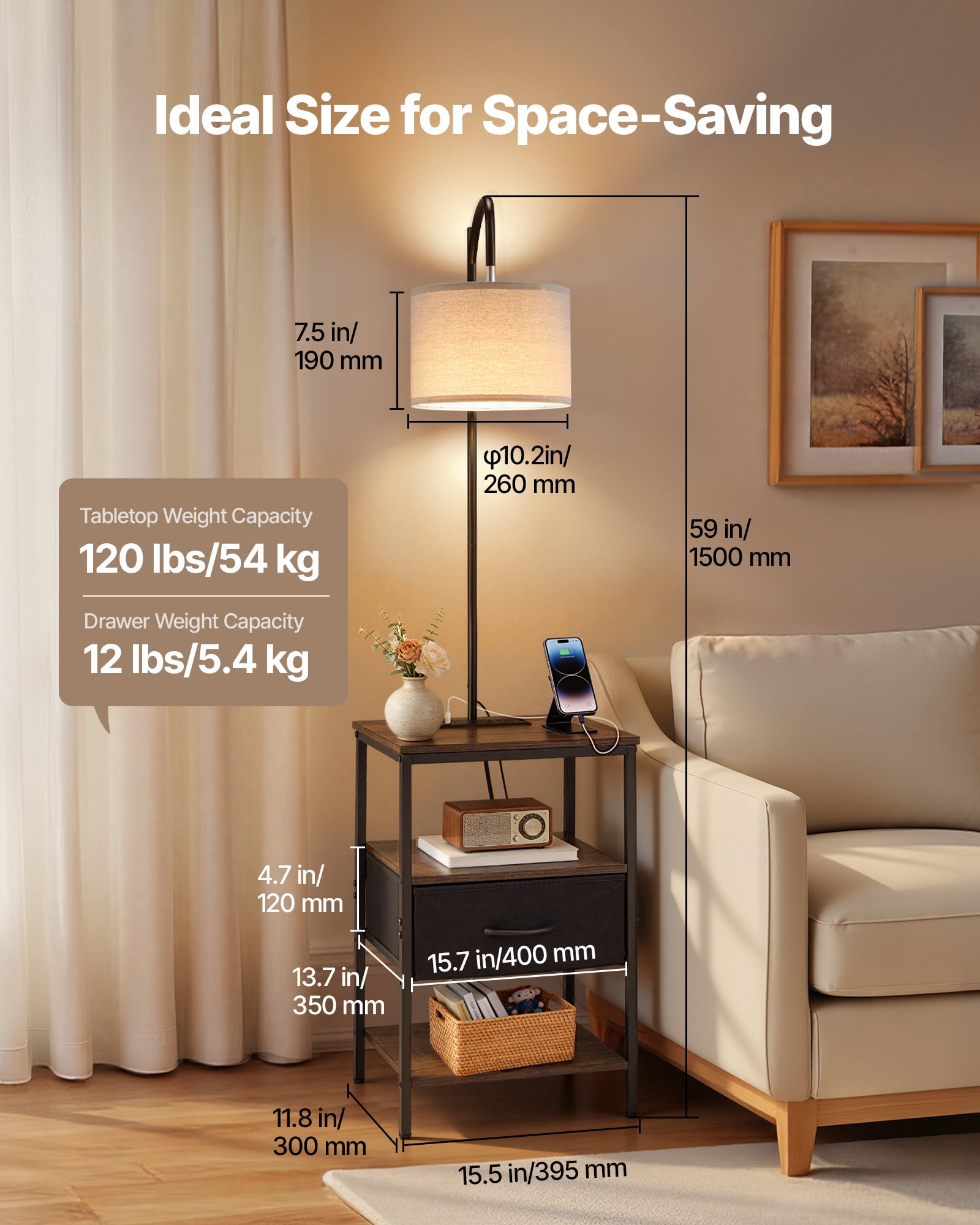 VEVOR Floor Lamp with Table, 3-Tier End Table with Drawer and 3 Color Temperature Lighting, Modern Side Nightstand Bedside Desk with USB & Type C & AC Charging Port for Living Room, Bedroom, Dorm