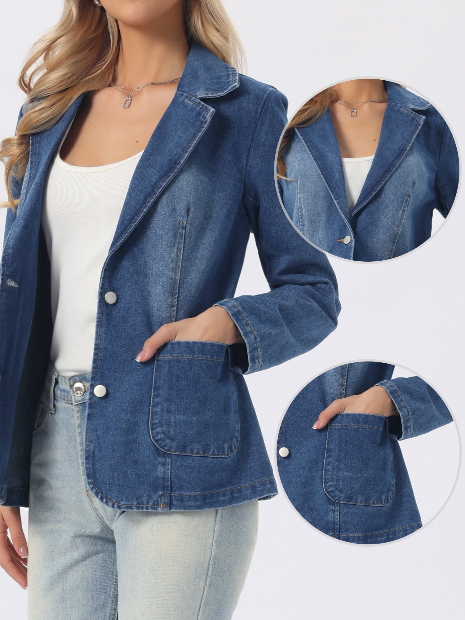 DARING DIVA Women's Notched Lapel Long Sleeve Button Up Denim Blazer M Blue