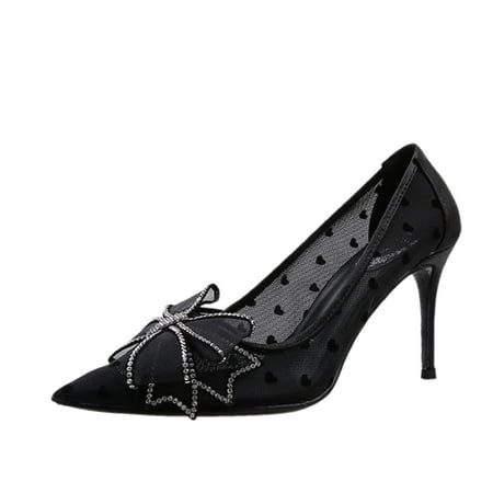 

uikmnh Women Slippers High Heels Women Spring And Summer Rhinestone Bow Mesh Pointed Toe Shoes Black 7.5