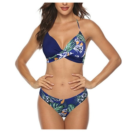 Clearance! Hontri Tankini Swimsuits for Women Bathing Bikini Push-Up Swimsuit Womens Beachwear Bra Padded Swimwear Suit Set Swimwears Tankinis Set Bathing Suit for Women Blue 3Xl