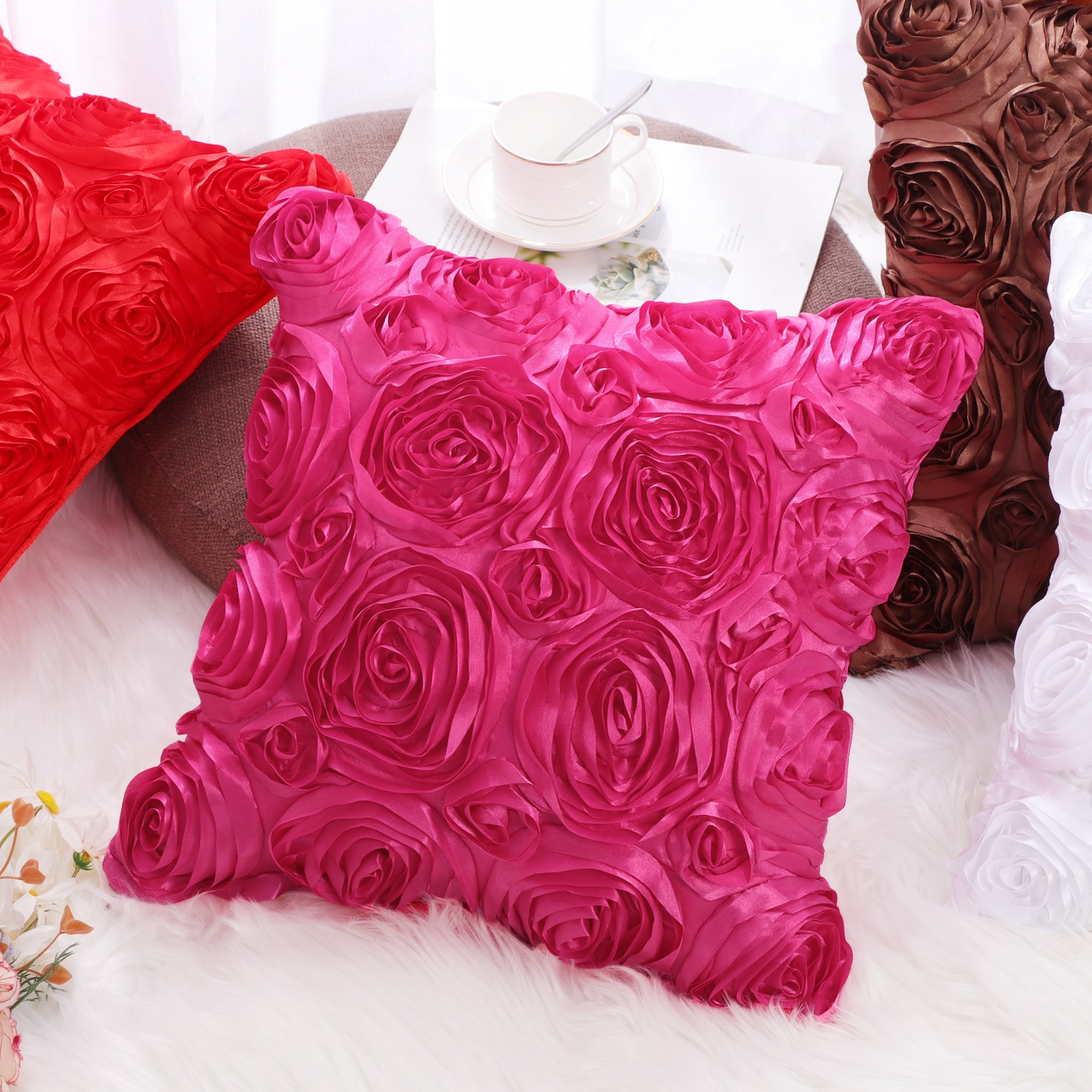PiccoCasa Decorative Throw Pillow Covers 3D Satin Rose Flower Shells Cushion Covers, 2Pcs, 16"x16" Fuchsia
