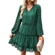 thumbnail image 1 of Vestido de mujer con cuello en V, cintura alta, manga larga, estampado de lunares, falda de línea A, verde oscuro L, 1 of 7