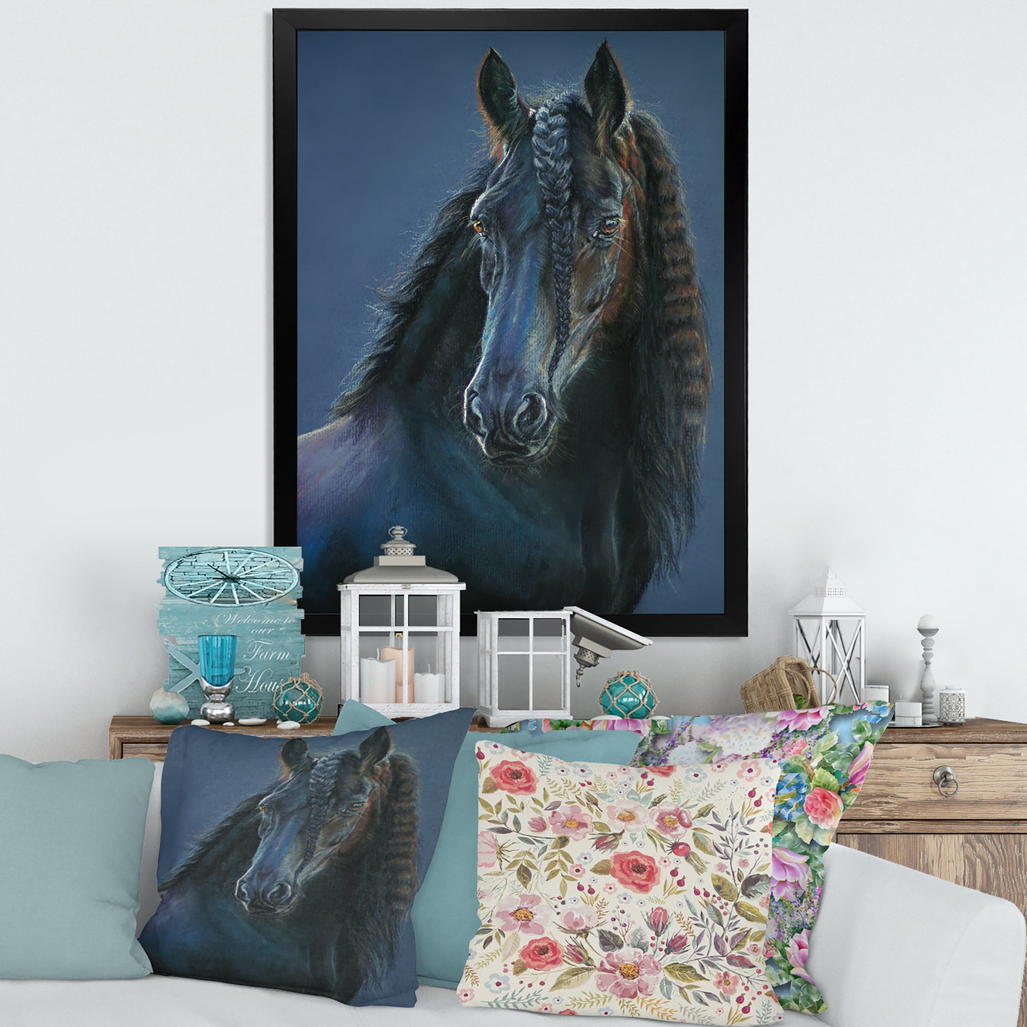 Designart 'Frisian Black Horse Portrait' Farmhouse Framed Art Print