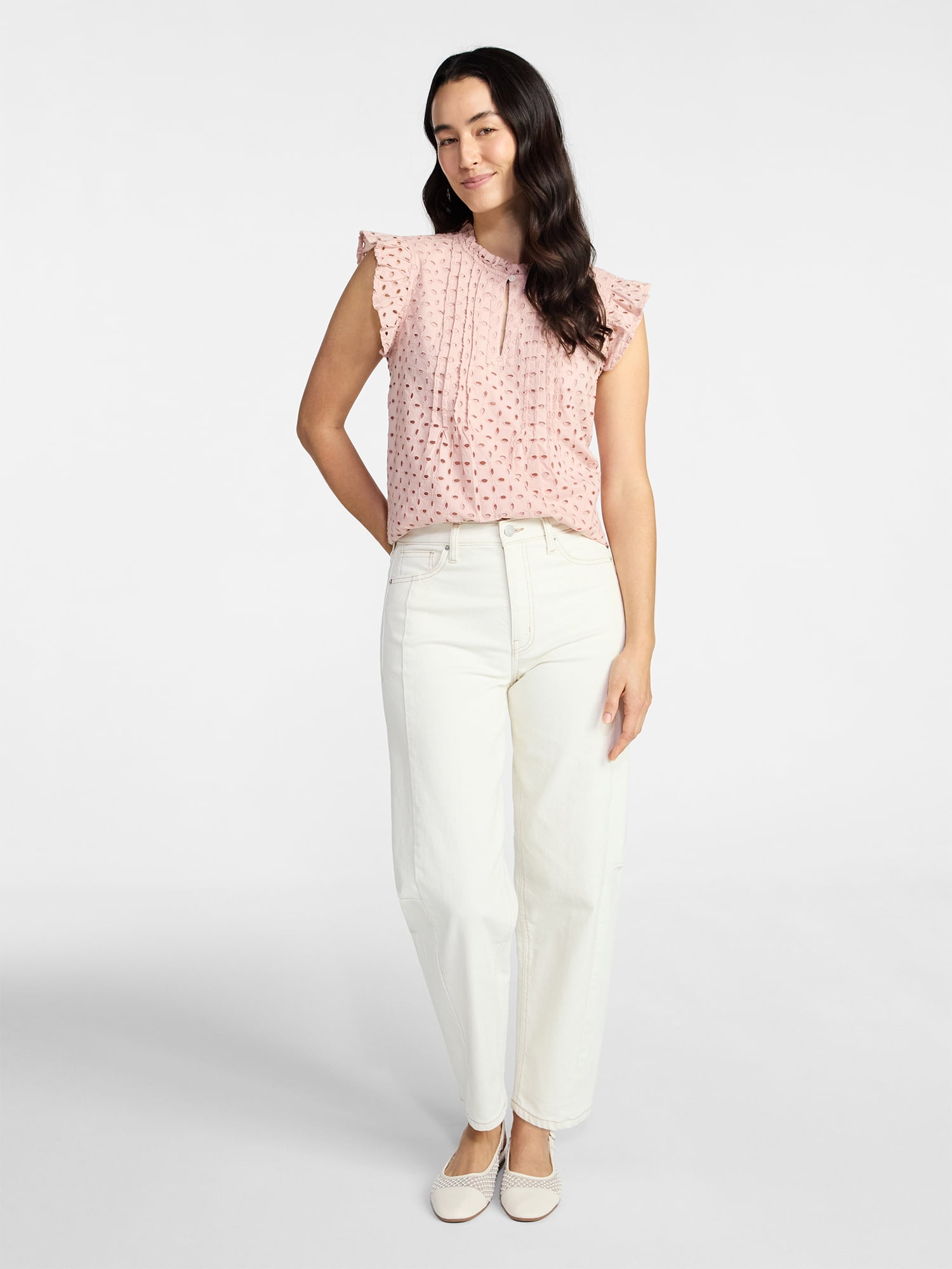Time and Tru Women's Cotton Eyelet Top with Short Flutter Sleeves, Sizes XS-XXXL