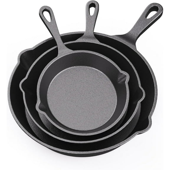 RAINBEAN Pre-Seasoned Cast Iron Skillet 3 Piece Set, Cast Iron Skillet Grill Pan with Handle for Grill, BBQ, Camping Fire, Stovetop, Kitchen and Camping Cookware