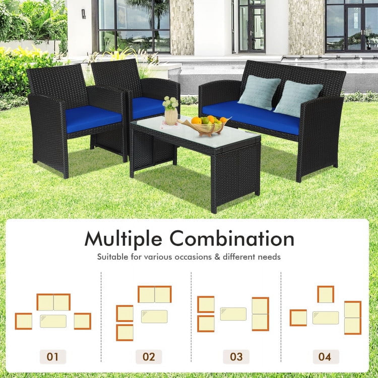 Aimee Lii 4 Pieces Wicker Patio Furniture Set with Cushions, Wicker Outdoor Sectional with Weather Resistant Cushions and Tempered Glass Tabletop, Navy Aimee Lii 4 Pieces Wicker Patio Furniture Set with Cushions, Wicker Outdoor Sectional with Weather Resistant Cushions and Tempered Glass Tabletop, Navy