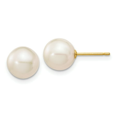 - 14k Yellow Gold 9mm White Round Freshwater Cultured Pearl Stud Post Earrings Ball Button Gifts For Women For Her