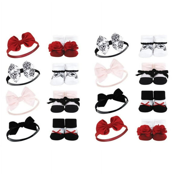 Hudson Baby Infant Girl 16Pc Headband and Socks Giftset, Black Toile, One Size