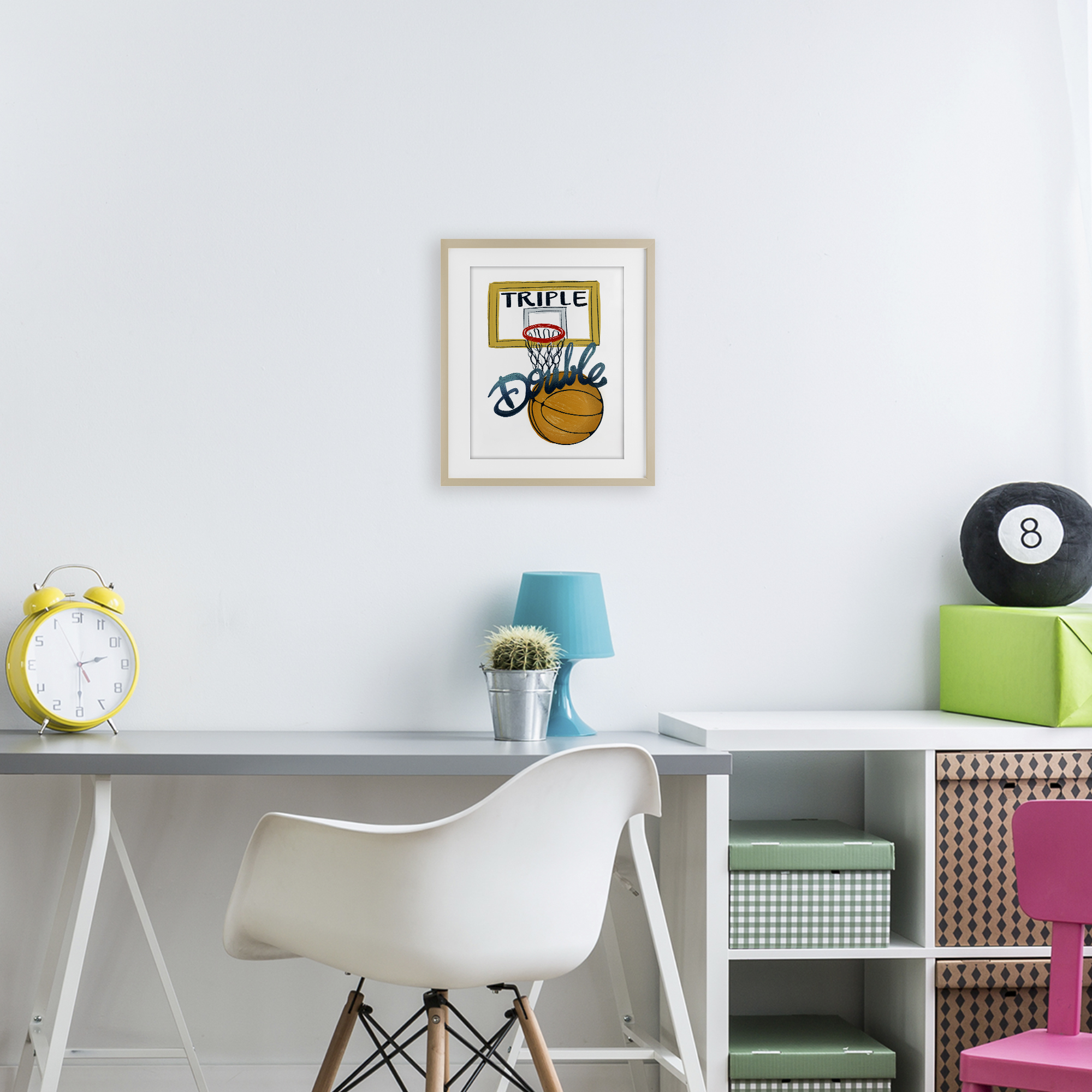 Triple Double Basketball Birch Framed Print Under Glass, design by Connie Summers