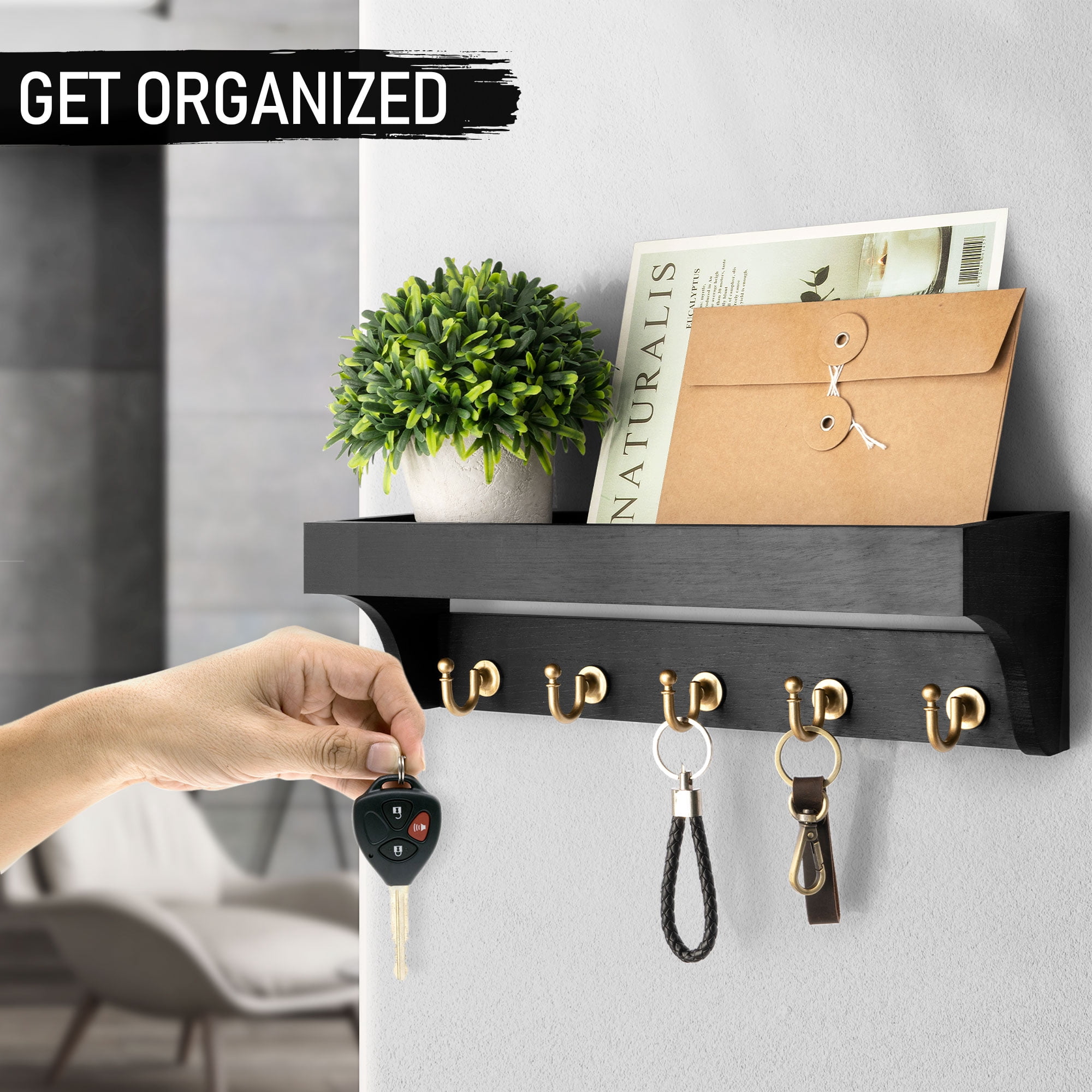 Rebee Vision Decorative Key Holder Wall Mount with Shelf - Modern Hanging Mail Organizer with 5 Hooks (Black)