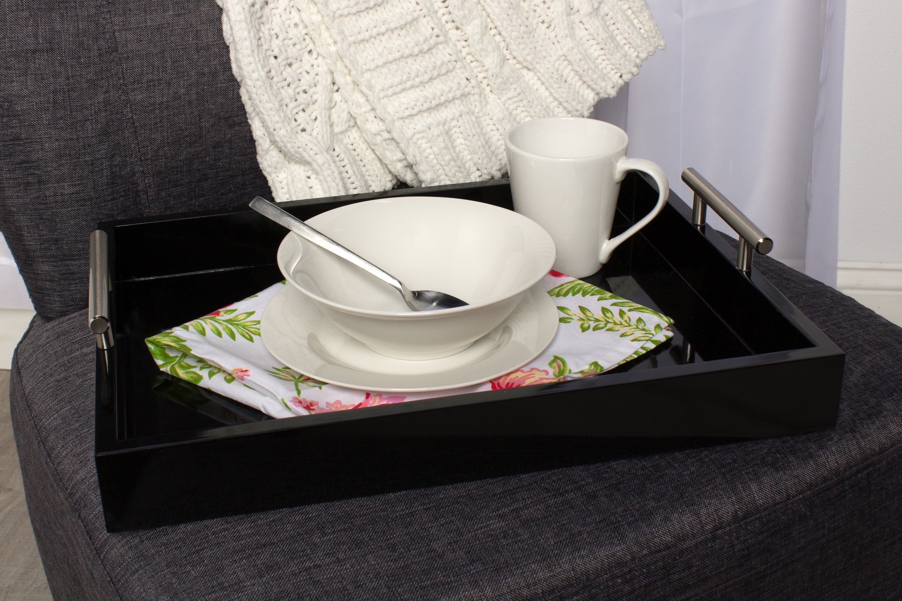 Kate and Laurel Lipton Decorative Tray with Polished Metal Handles, Black and Silver