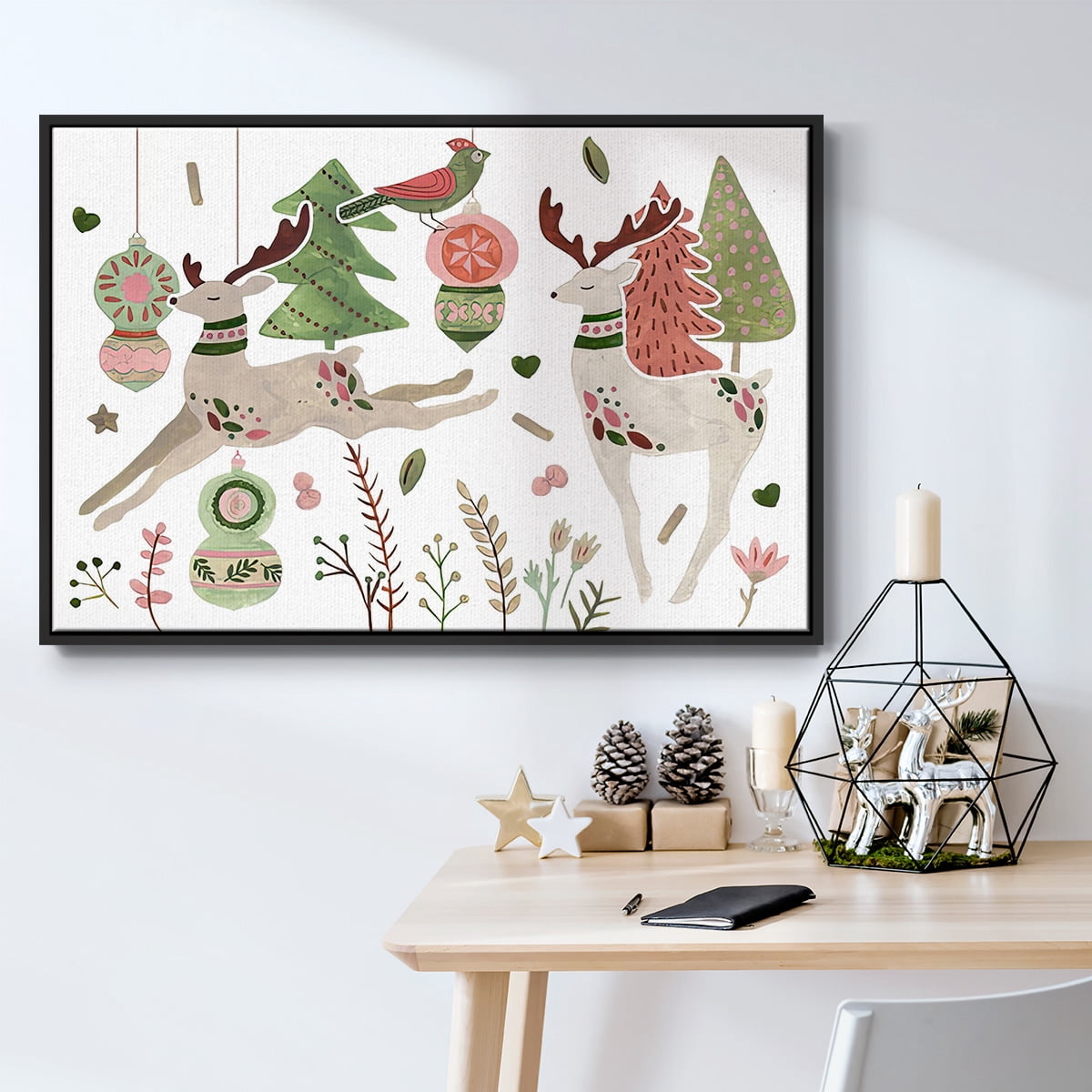 Reindeer Wishes Collection A - Framed Gallery Wrapped Holiday Canvas - 25 x 37 - Black Frame