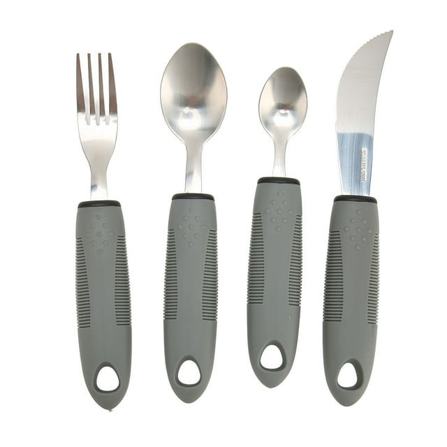 Juego de cubiertos con peso para personas mayores, 4 piezas, color gris, diseño adaptable para un uso más fácil, utensilios con agarre mejorado