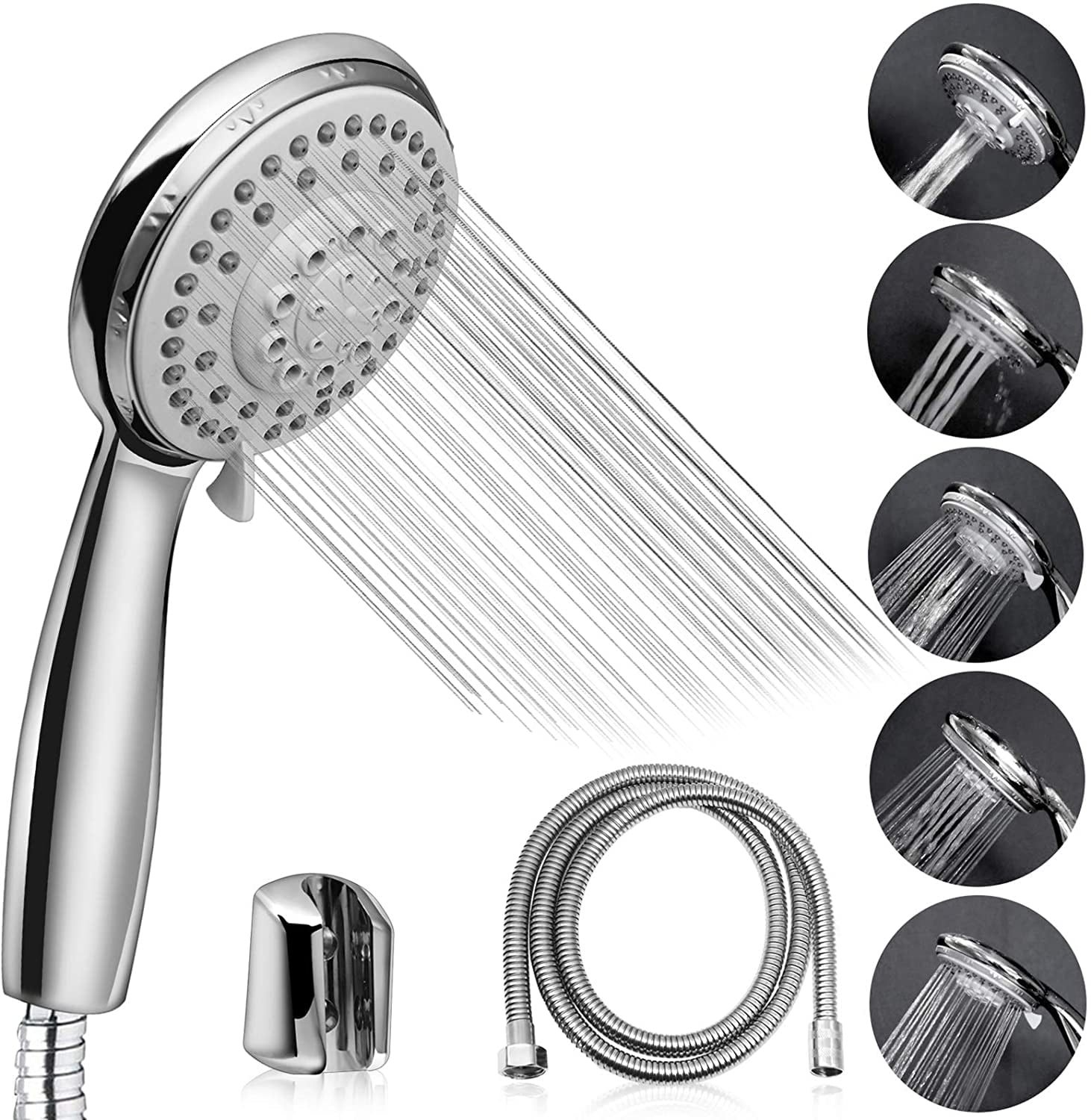 5 Setting Water Saving Hand Held Shower Massage Head with 5FT Long Hose Tub Spa 