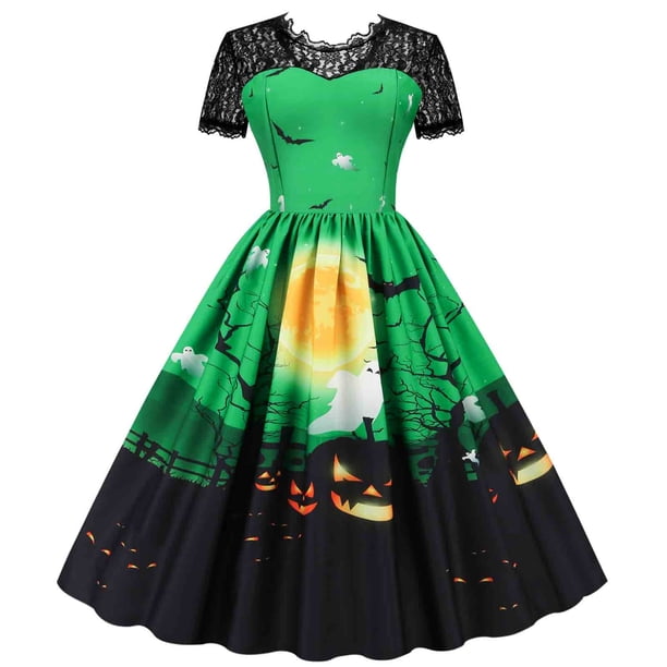 Moda de Halloween para mujer, vestido de manga corta con cuello redondo hasta la rodilla, vestido estampado de encaje para mujer Pompotops ghjkhdj14892