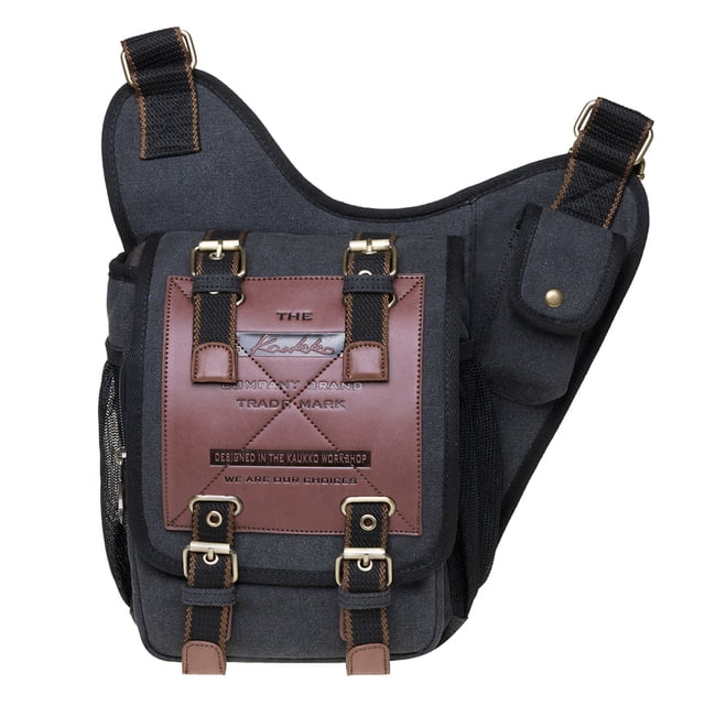 Bolso bandolera KAUKKO de lona vintage para hombre patchwork de cuero 03BLACK