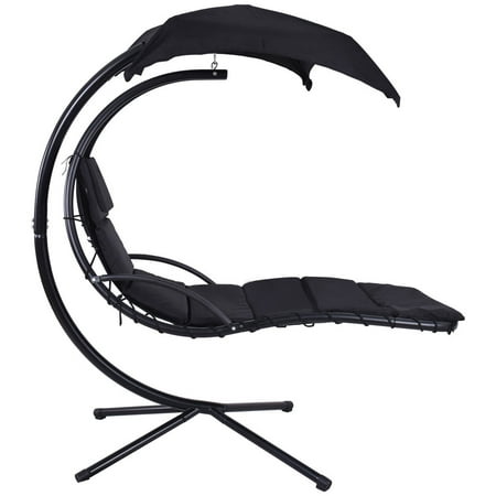 Gymax Black Swing Hammock Chair Hanging Chaise Lounger Chair Arc Stand Canopy