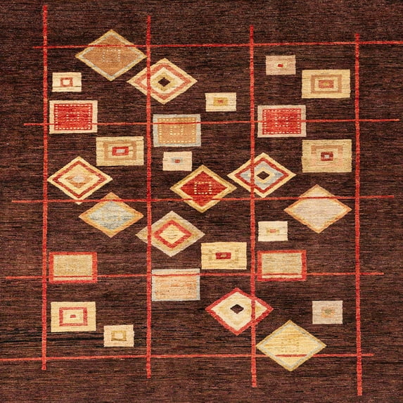 Ahgly Company Indoor Square Abstract Chocolate Brown Oriental Area Rugs, 8' Square