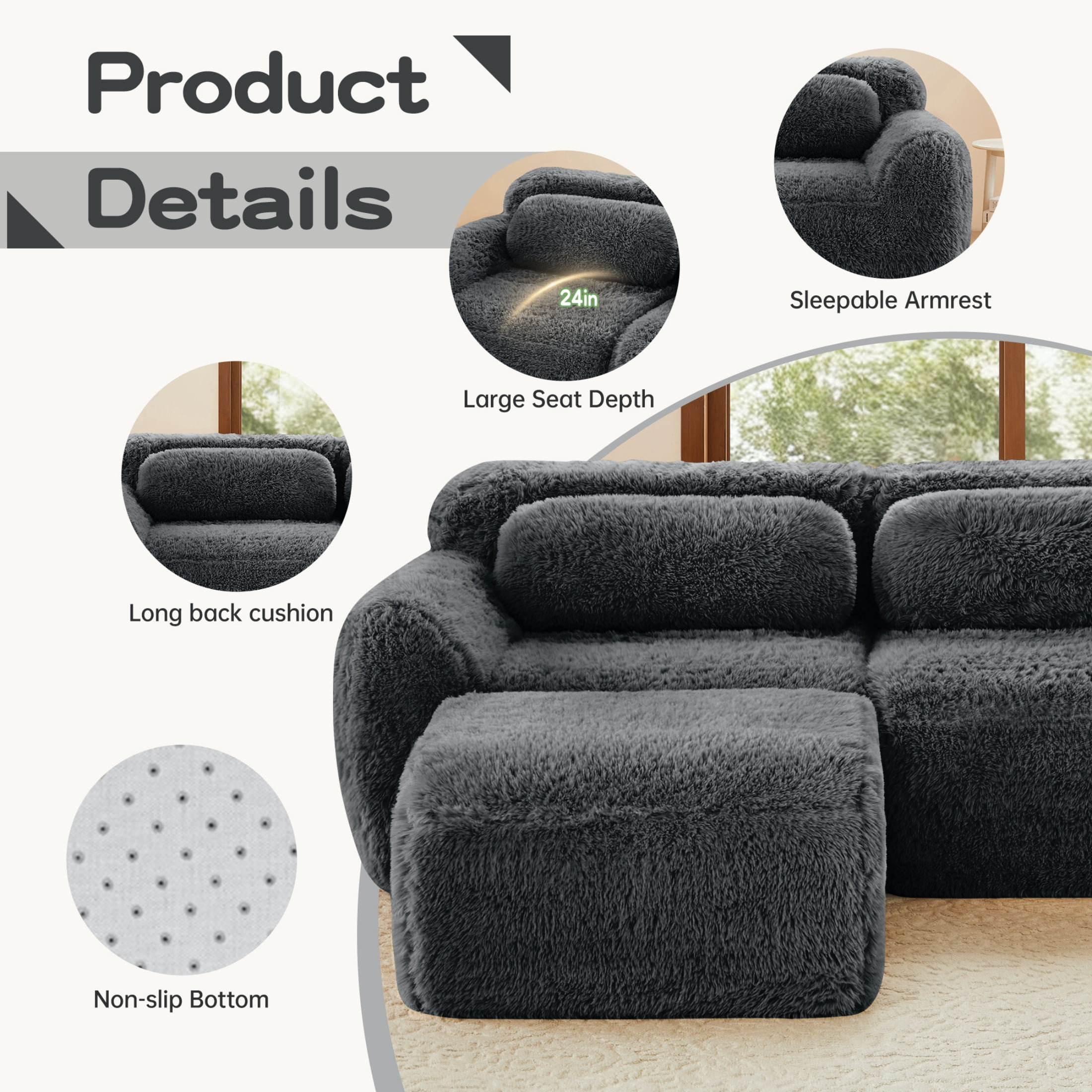 Vinform 149" Sectional Couch, U-Shaped Sofa with 2 Ottomans for Living Room, 4-Seat, Plush, Gray(No Assembly Required)