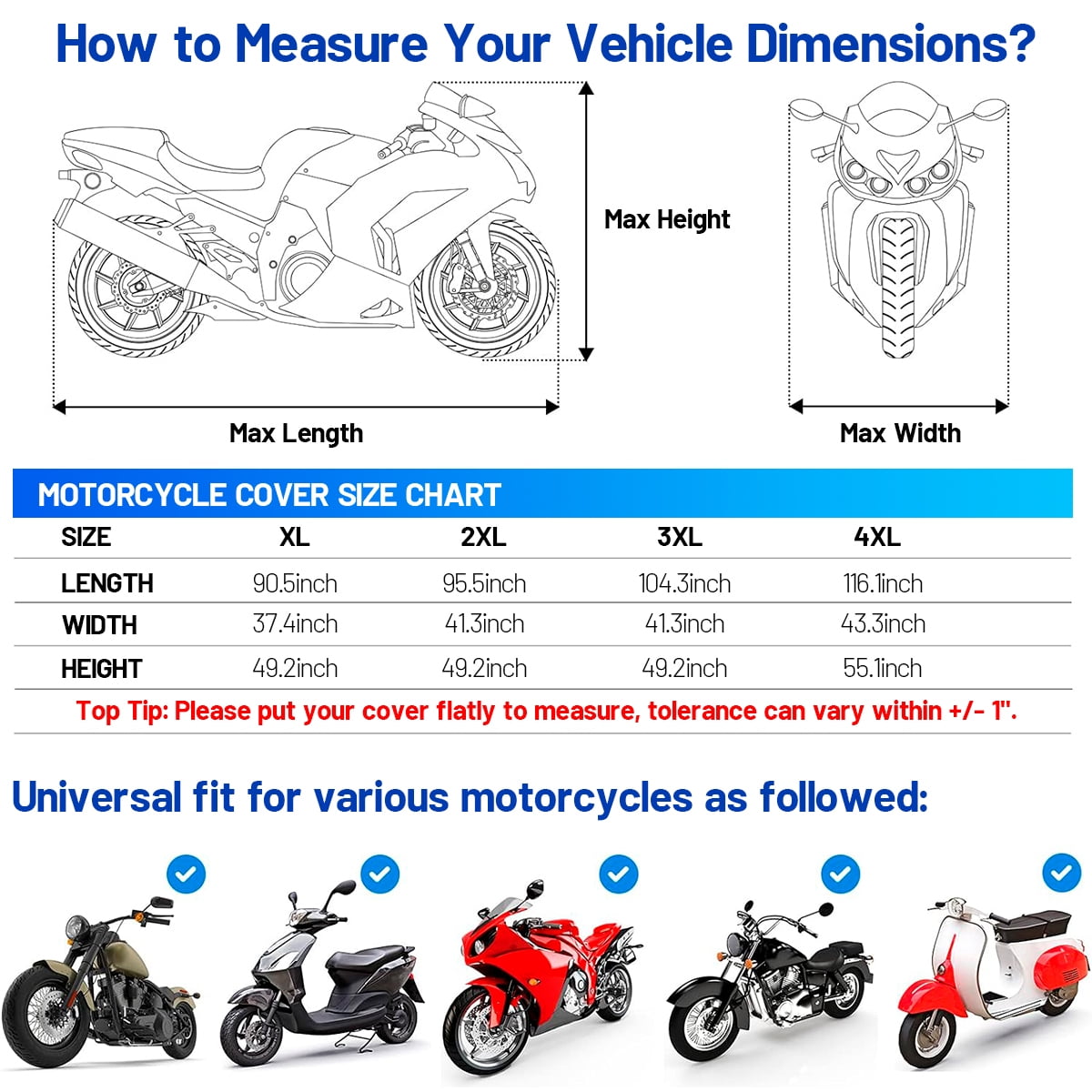 Motorcycle Cover,XL-Large Heavy Duty Motorcycle Cover Waterproof Outdoor Indoor Scooter Shelter Protection with Reflective Strips for Harley Davidson, Honda, Suzuki, Kawasaki, Yamaha