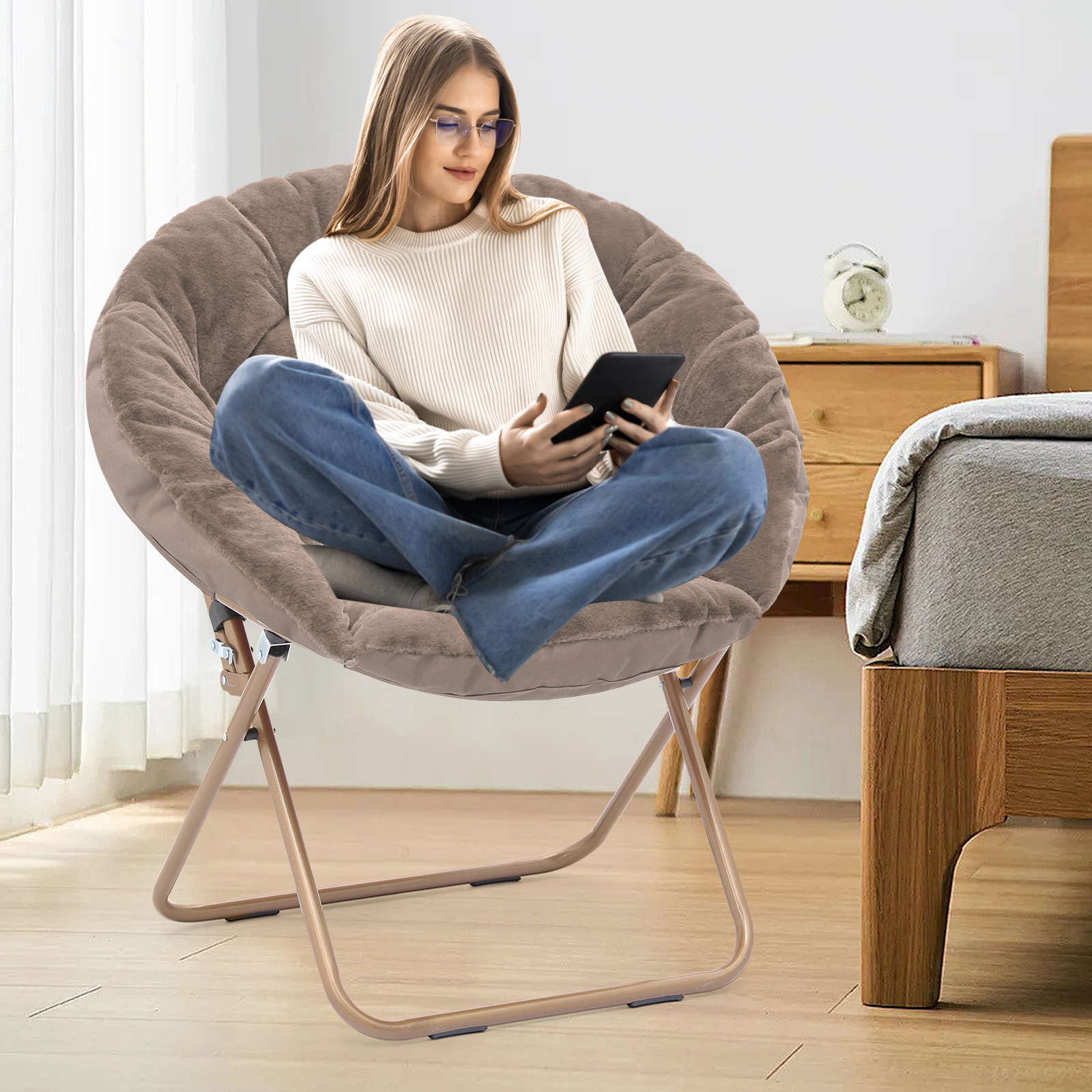 Magshion Set of 2 Comfy Saucer Chair, Foldable Faux Fur Lounge Chair for Bedroom Living Room, Cozy Moon Chair with Metal Frame for Adults, X-Large, Beige - image 4 of 10