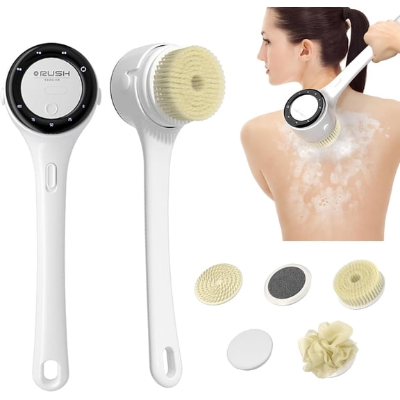 Electric Body Brush, 3 Speed Silicone Body Scrubber with LCD Display, 5in1 Shower Back Scrubber, IPX7 Waterproof Rotating Bath Brush, Rechargeable for Exfoliate Clean Massage