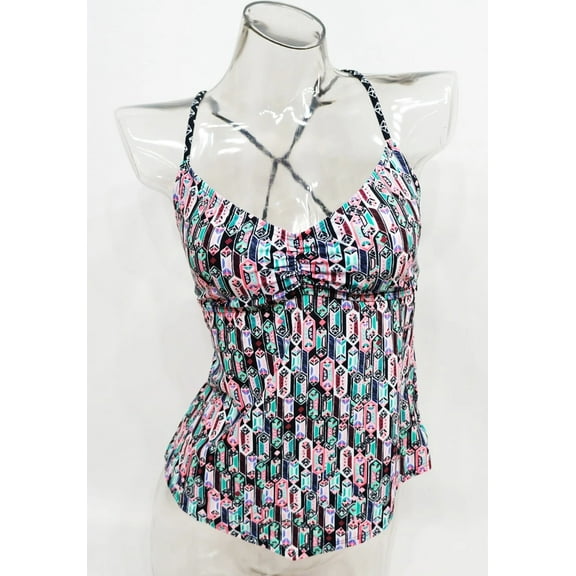 SO Black Printed Open Back V-Neck Tankini Top Swimwear Juniors' Women's XS