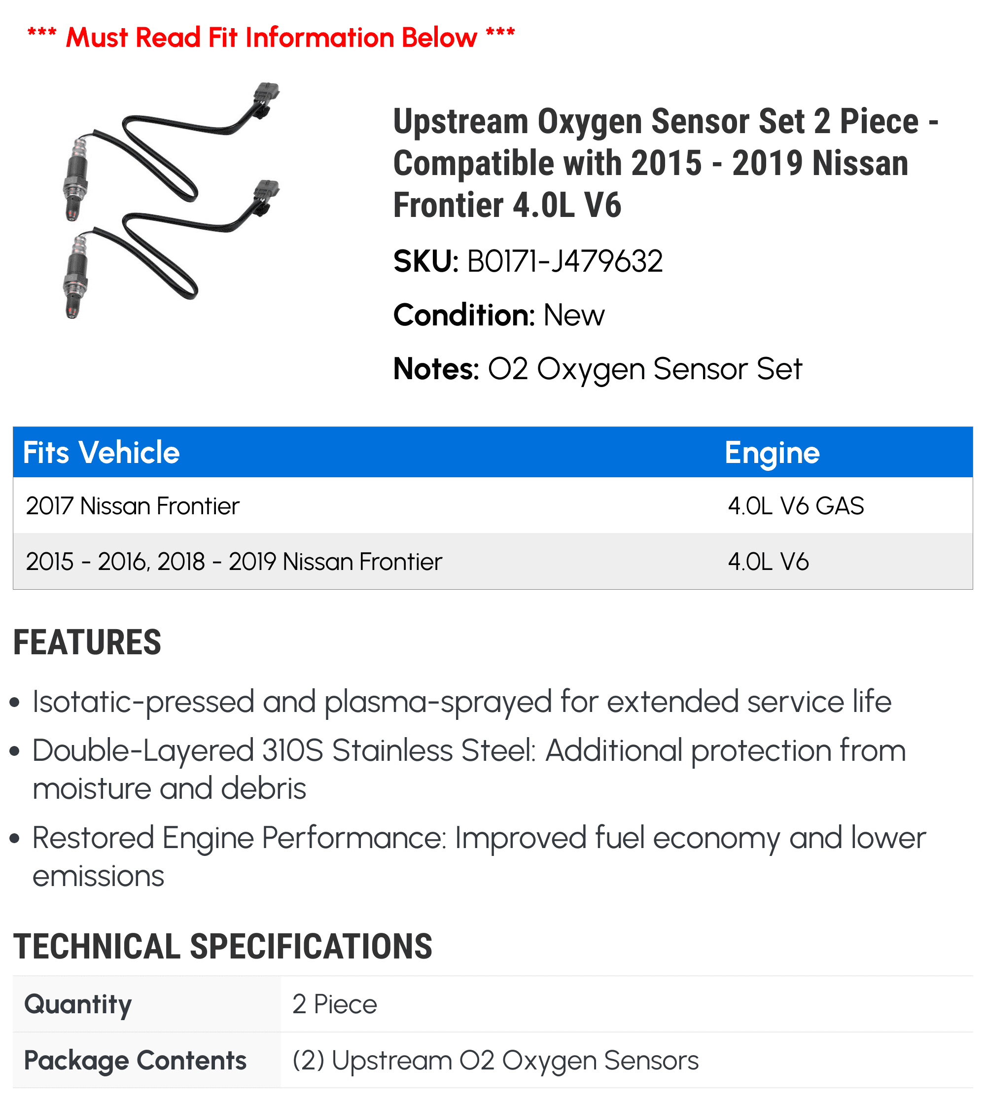 Upstream Oxygen Sensor Set 2 Piece - Compatible with 2015 - 2019 Nissan Frontier 4.0L V6 2016 2017 2018