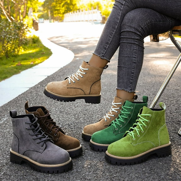 Women's Ankle Boots Fashionable Casual Winter Versatile Short Boots Solid Color Round Toe Lace-Up Thick-Soled Low Chunky Heel Shoes