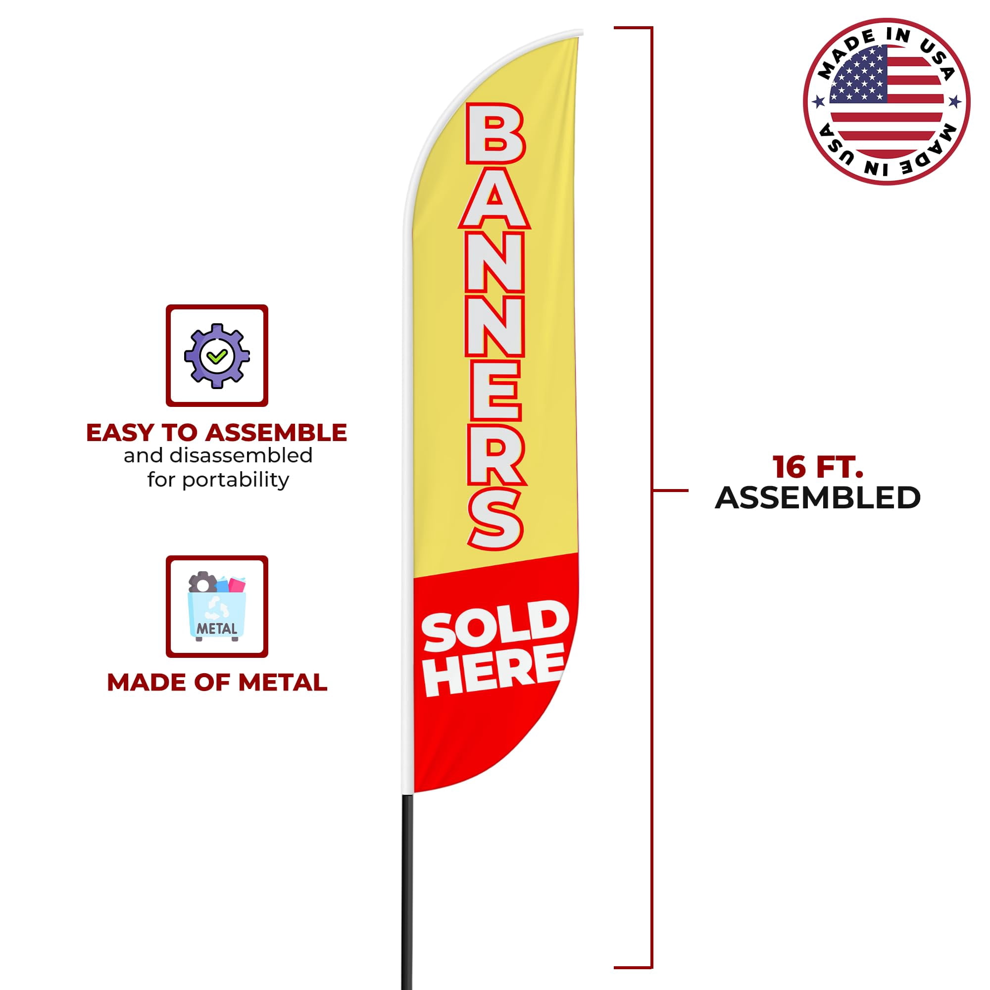 Banners Sold Here Sign feather flag Pole Mount for Outdoor by Mavis Print | 15 FEET Long Polyester Outdoor Banner Flag Pole Kit for Easy Hang | HD Print Swooper Flag Pole Stand for Business Advert