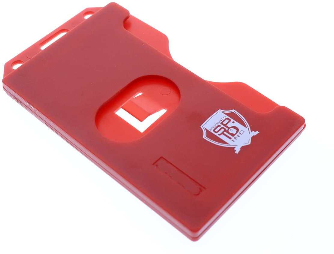 Bulk 50 Pack - Red Hard Plastic Badge Holder Vertical - Side Load 2 Card Protector - Multiple Card ID Badge Holders - Heavy Duty Rigid/Hard Plastic by Specialist ID (Red)