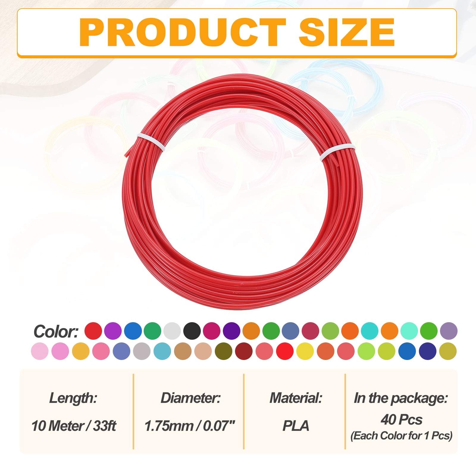 Uxcell 40 Pcs 3D Pen Filament, 1.75mm Dia 33ft Length PLA 3D Printing Pen Filament Refills for 1.75mm 3D Printing Pen, 40 Colors