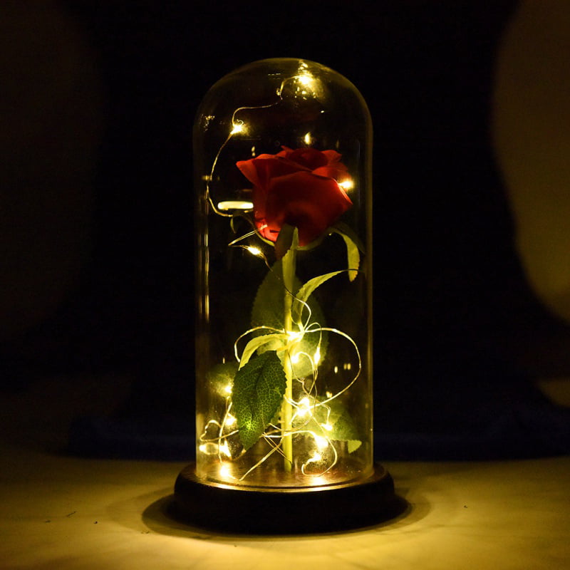 Beauty And The Beast Enchanted Glass Dome Bear LED Rose Light Valentine Wedding 