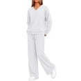 thumbnail image 6 of Xaqiouau Women's V-Neck Sweatshirt and Wide Leg Pants Set Loose Fit Long Sleeve Pullover Top High Waisted Drawstring Tracksuit Casual Lounge Wear 2 Piece Outfit White L, 6 of 9
