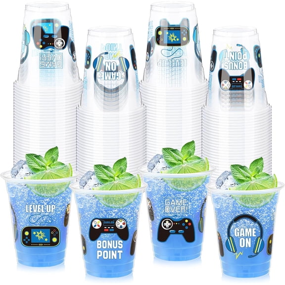 50 Pcs Video Game Party Supplies 12 Oz Gaming Birthday Disposable Cups Blue Level up Plastic Cups for Gamer Birthday Video Game Party Favors