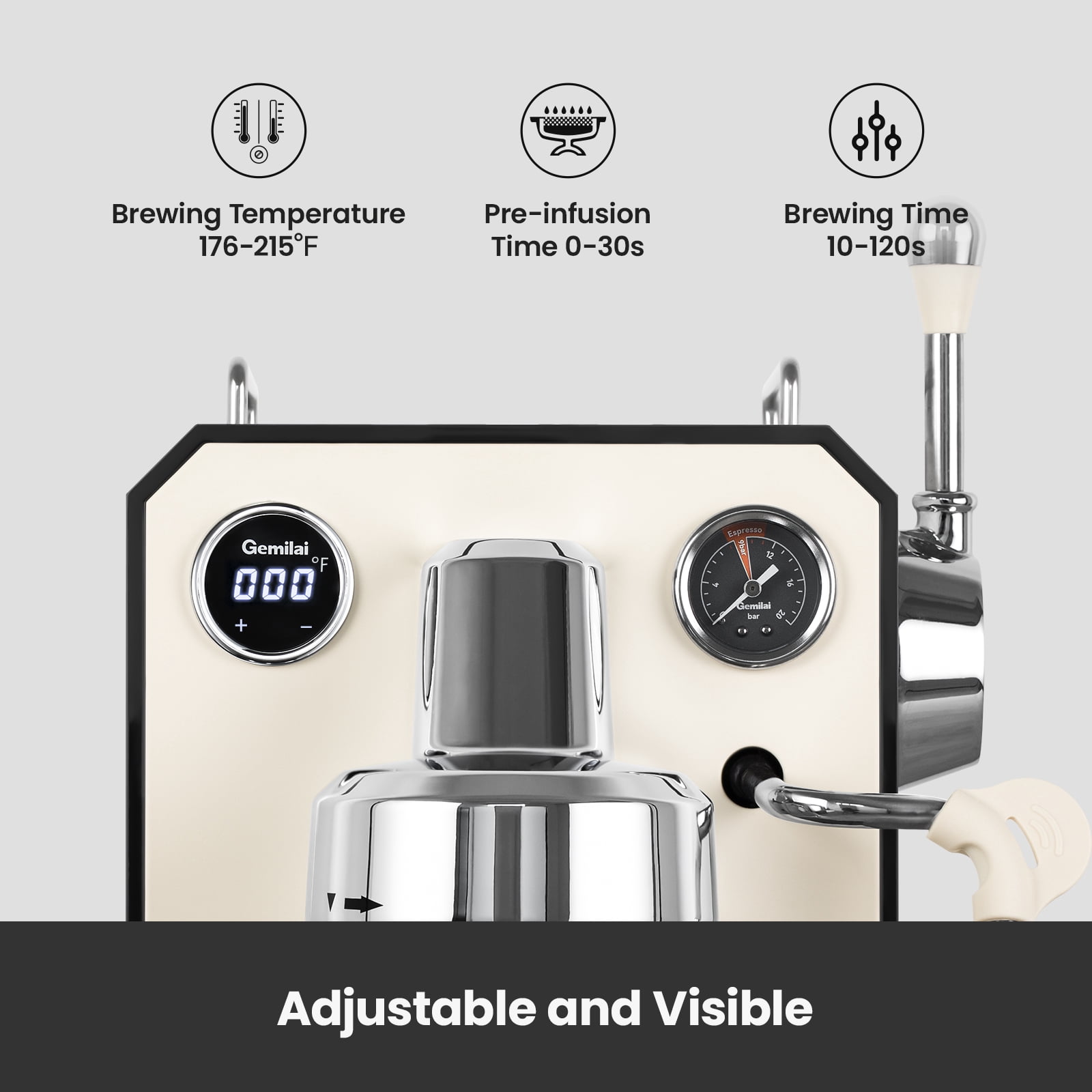 Gemilai G3006 Owl 15-Bar Semi-Auto Espresso Machine, Dual Display, Milk Frother, 57oz Tank, Stainless Steel Coffee Maker