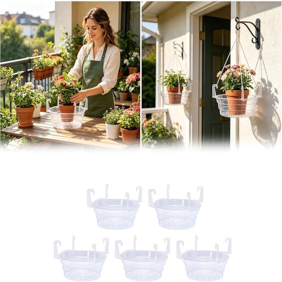 5 Pack Hanging Basket Water Catcher, Hanging Basket Drip Pan with Hooks, Plastic Clear Hanging Basket Tray for Watering, Plastic Plant Saucer for Indoor Outdoor Hanging Plants Baskets (10in)