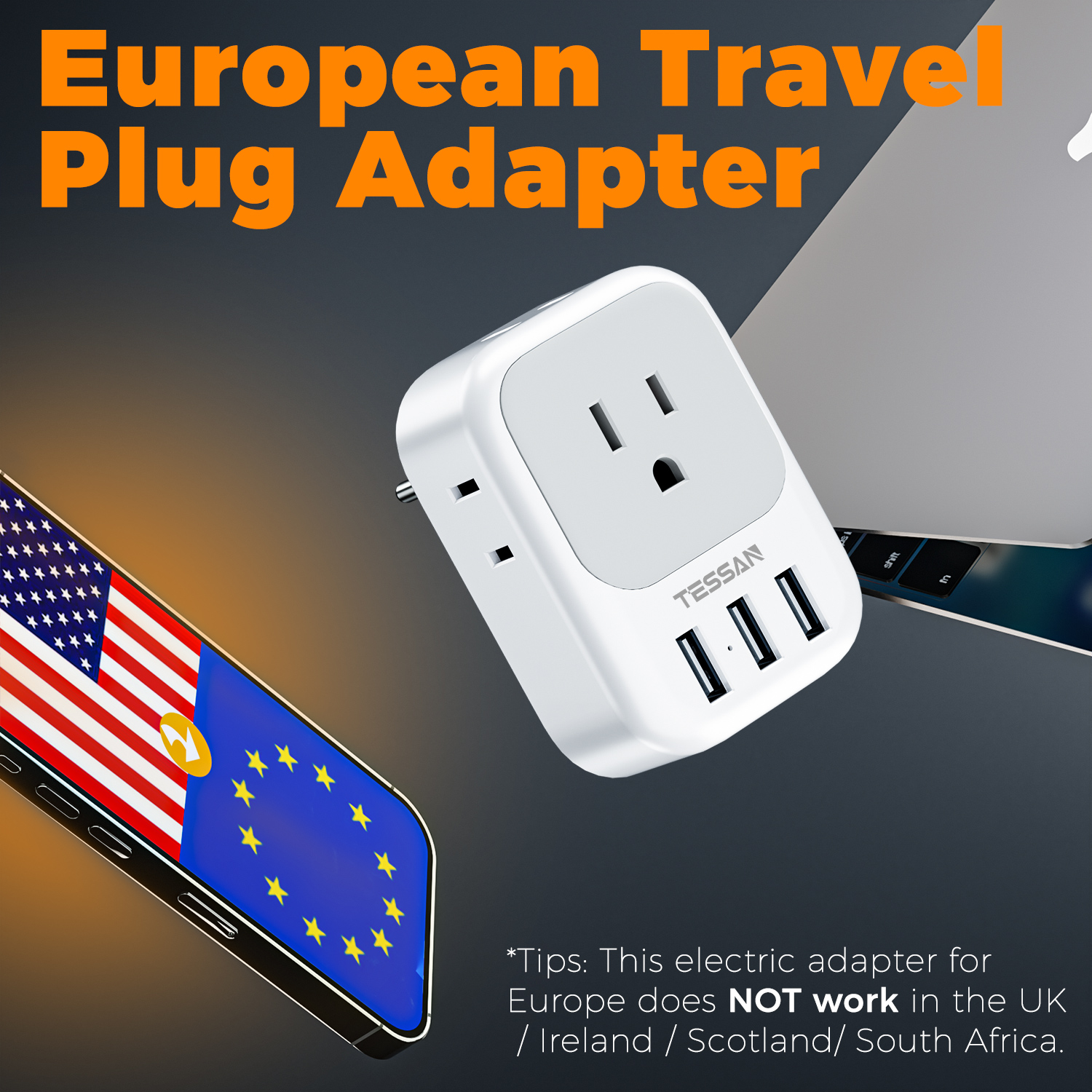 European Travel Plug Adapter 4 AC Outlets with 3 USB,EU Power Plug Adaptor for US to Most of Europe Italy, Spain, Switzerland, France, Greece, Iceland, Germany