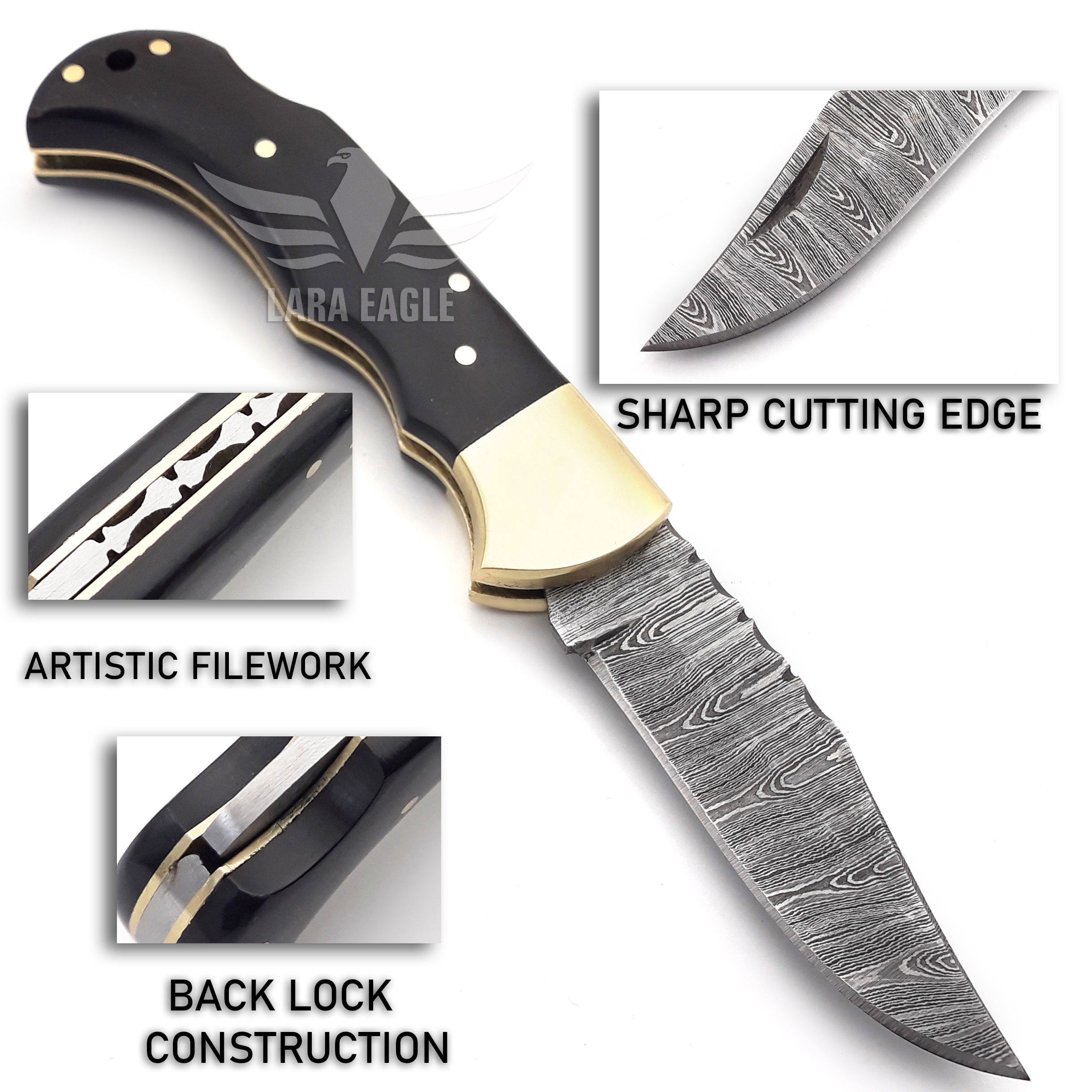 Lara Eagle Damascus Pocket Knife for Men - 3 inch Blade, 133 Layer Solid Steel Handmade Black Folding Knife with Sharpener and Leather Pouch - for Camping, Hunting, Hiking.