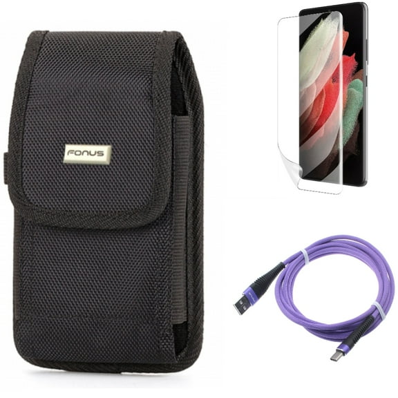 Case Belt Clip & Matte Screen Protector & 10ft USB Cable for Samsung Galaxy S22 Plus (S22 ) - Combo Swivel Holster Rugged & TPU Film Anti-Glare & Purple Type-C Charger Cord