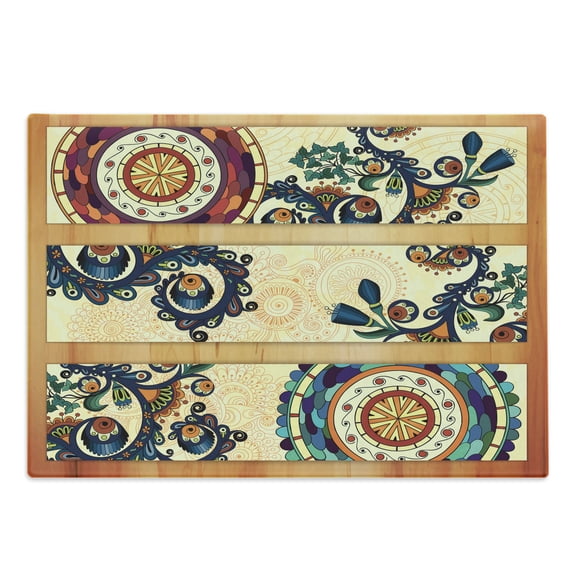 Batik Cutting Board, Oriental Vintage Paisley Pattern Eastern Motifs in Flat Boho Art Design, Decorative Tempered Glass Cutting and Serving Board, Large Size, Multicolor, by Ambesonne