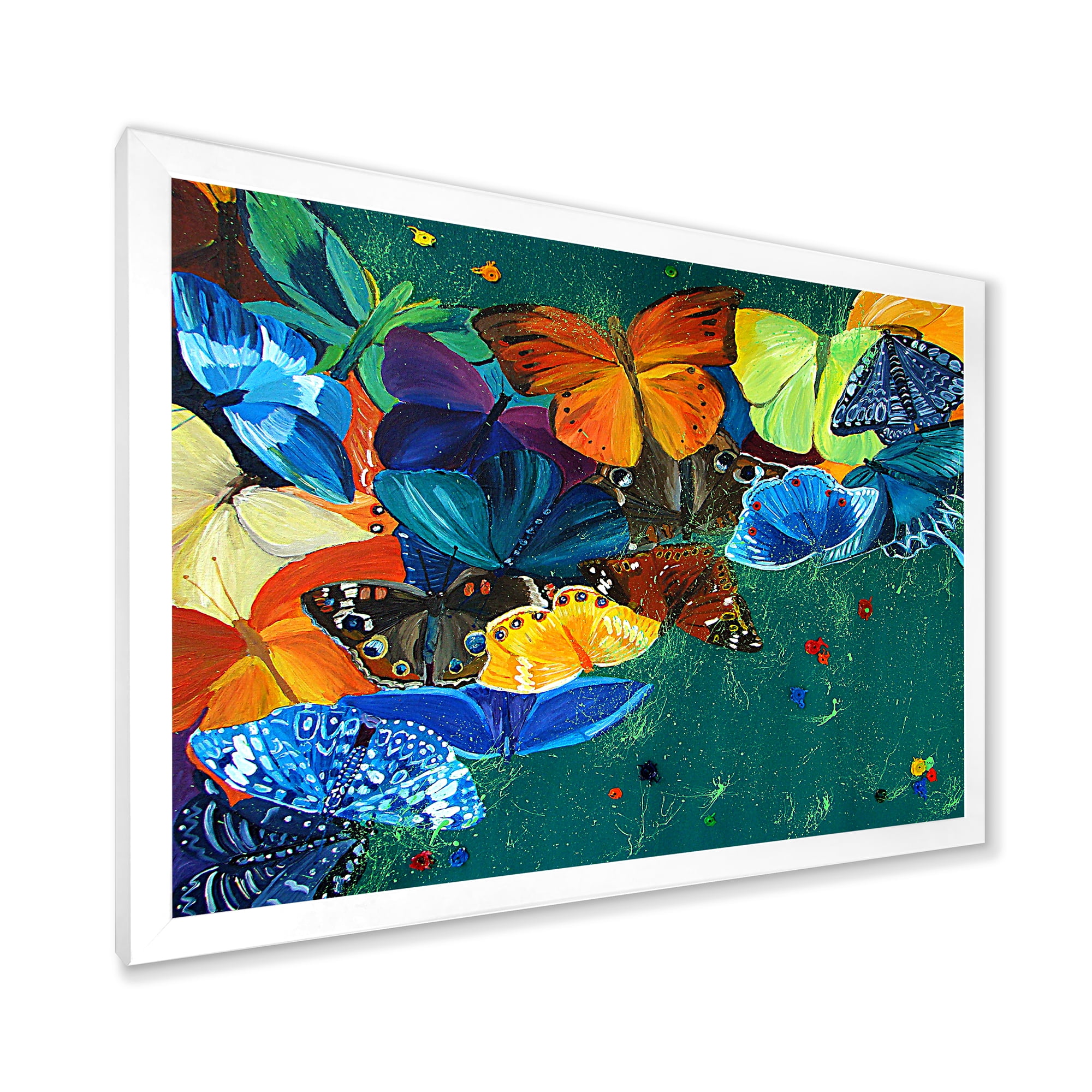Designart 'Abstract Colour Butterflies On A Gree' Modern Framed Art Print