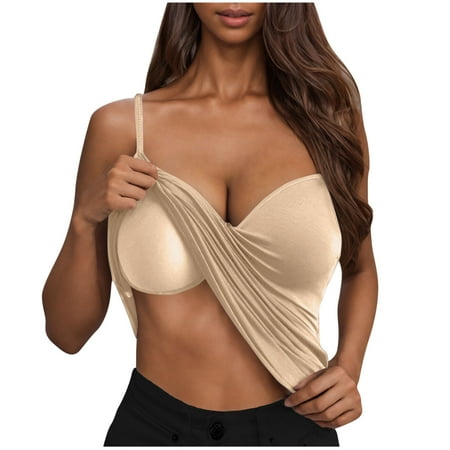 JGGSPWM Camisole Tops for Women Summer Casual Spaghetti Strap Cami Tank Tops with Built in Bra Sports Padded Cotton Undershirts Khaki L