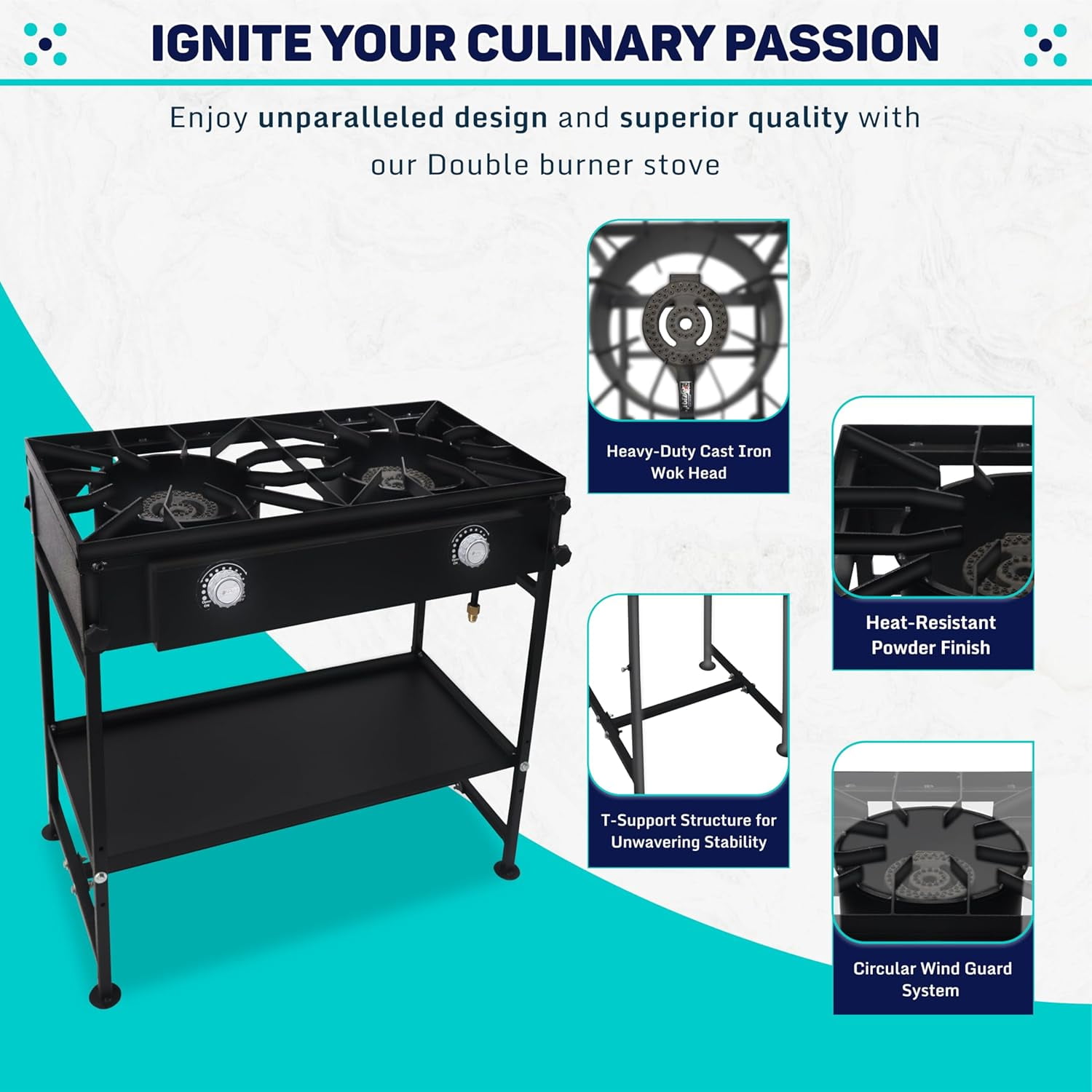 SONRET - Double Burner Propane Camping Gas Stove - with Detachable Legs & Bottom Shelf