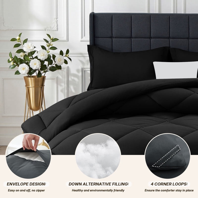 3 Pieces Twin Size Comforter Set, All Season Lightweight Breathable Bedding Set with 1 Down Alternative Comforter and 2 Pillowcases, Black